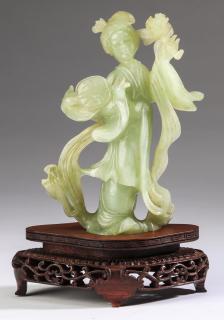 Appraisal: Chinese jade carving of a celestial beauty h Chinese celadon