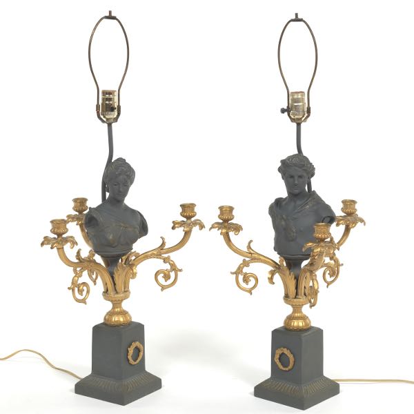 Appraisal: PAIR OF NEOCLASSICAL FIGURAL THREE-LIGHT CANDELABRA LAMPS YOUNG HERCULES AND