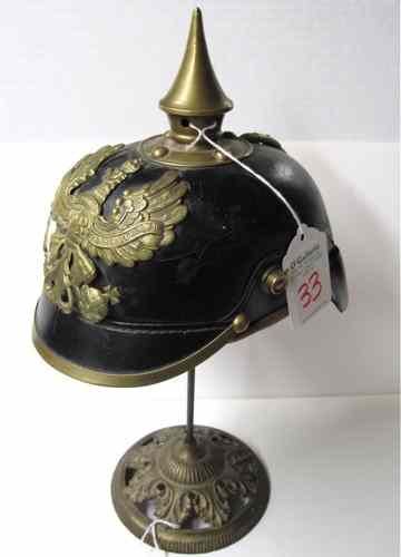 Appraisal: IMPERIAL GERMAN MODEL PICKELHAUB HELMET black leather construction brass spike