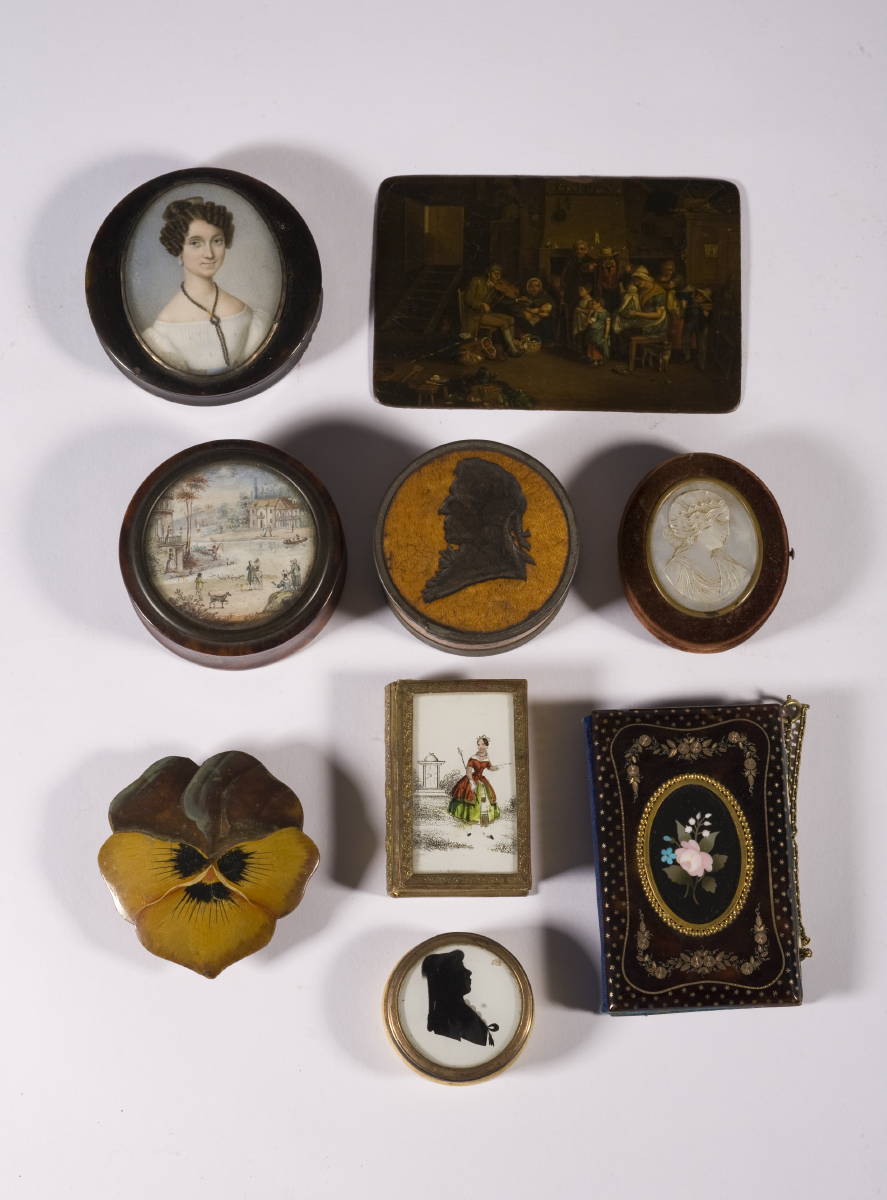 Appraisal: NINE OBJECTS-DE-VIRTUE INCLUDING BOX TOP WITH SCENE AFTER WILKIE Also