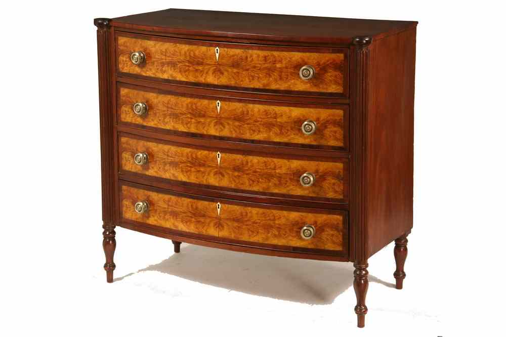 Appraisal: SHERATON BOWFRONT CHEST - Diminutive Sheraton Mahogany Bowfront Chest Coastal