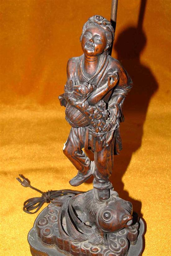 Appraisal: CARVED WOODEN FIGURE Man riding on the back of a