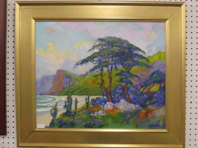 Appraisal: James Dudley Saly Oil on Canvas colorful coastal landscape well