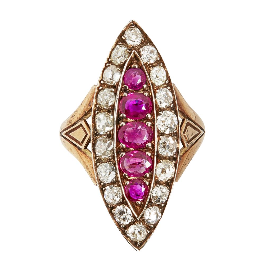 Appraisal: A diamond and ruby cluster ring of navette form claw