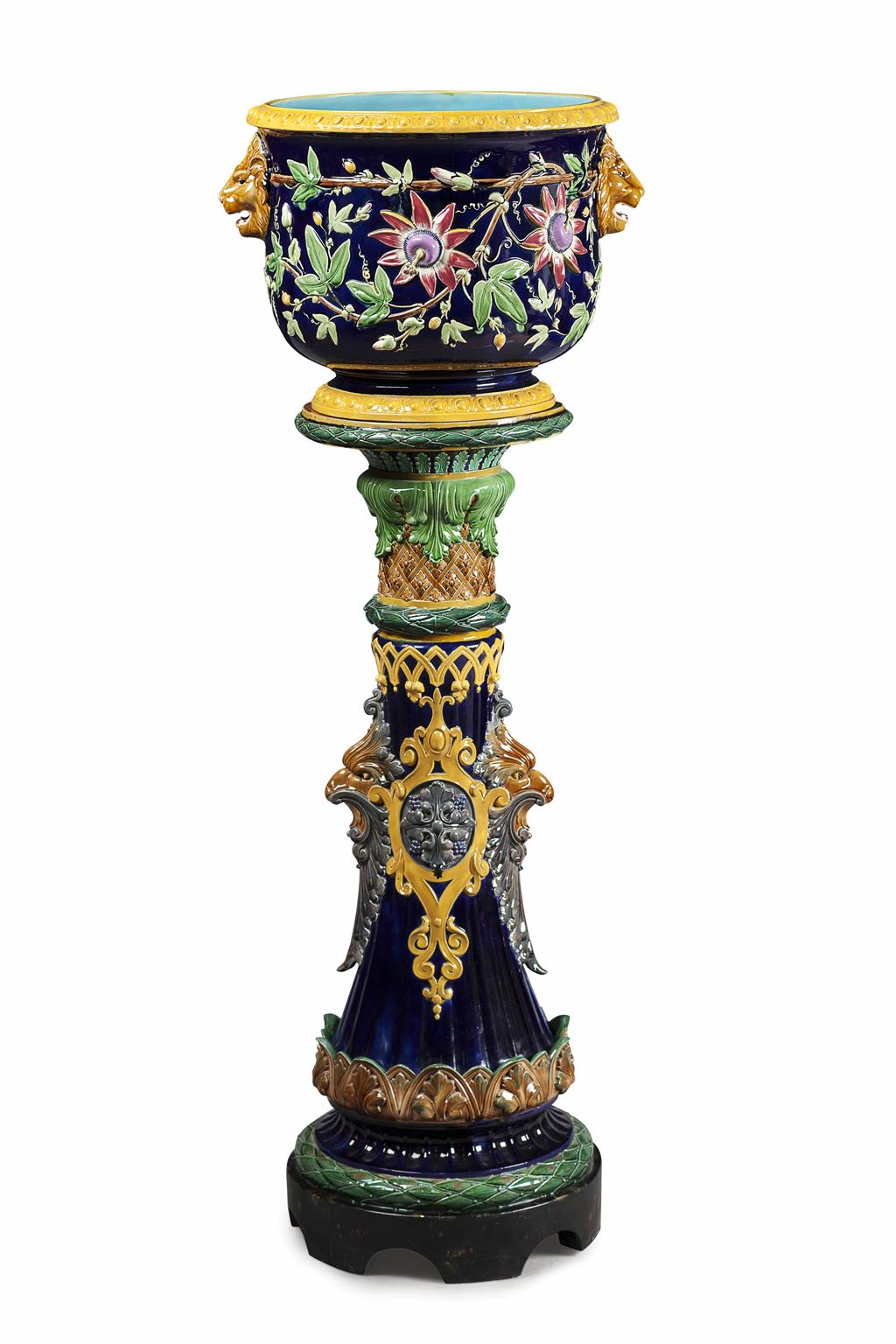 Appraisal: LARGE ENGLISH MAJOLICA JARDINIERE AND STAND PROBABLY HOLDCROFT TH CENTURY