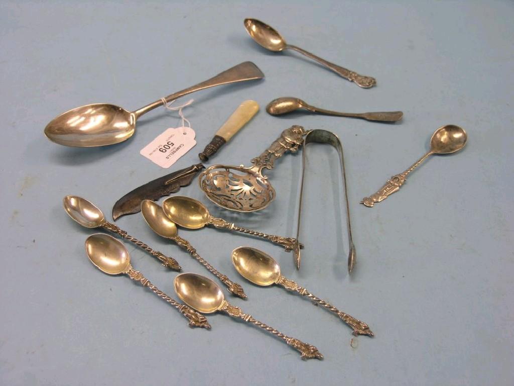 Appraisal: Silver flatware including George III bright-cut sugar tongs London set