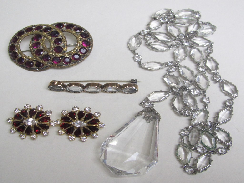 Appraisal: Lot comprising a crystal dropper necklace pair of paste clasps