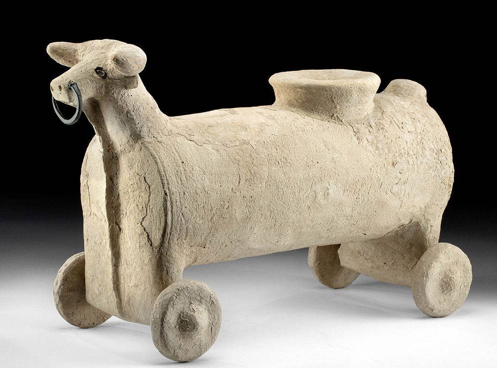 Appraisal: Large Syro Hittite Pottery Bull Pull Toy on Wheels Ancient