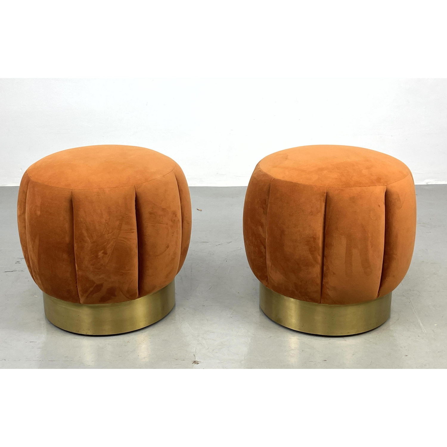 Appraisal: Pr SAFAVIEH COUTURE Orange Melon Form Stools Ottoman Satin Finish