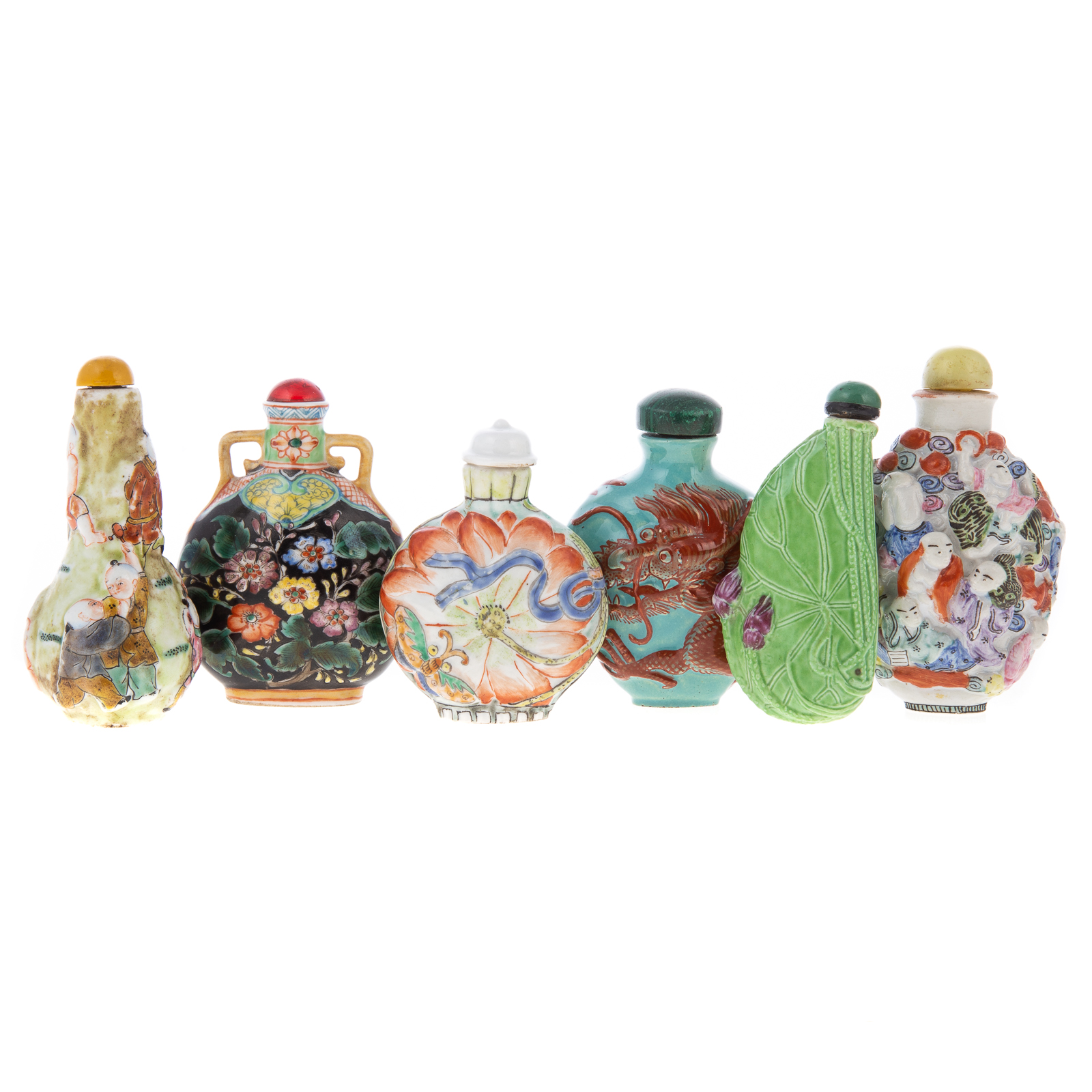 Appraisal: SIX CHINESE PORCELAIN SNUFF BOTTLES th century includes lotus leaf