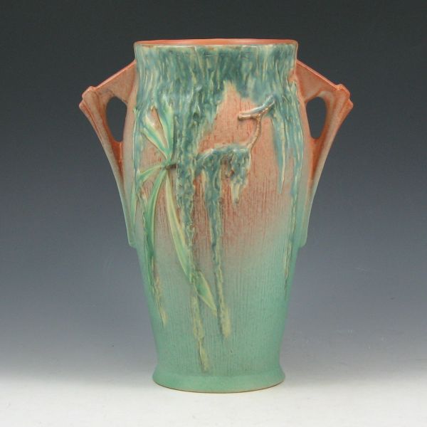 Appraisal: Roseville Moss handled vase in pink and green Marked Roseville