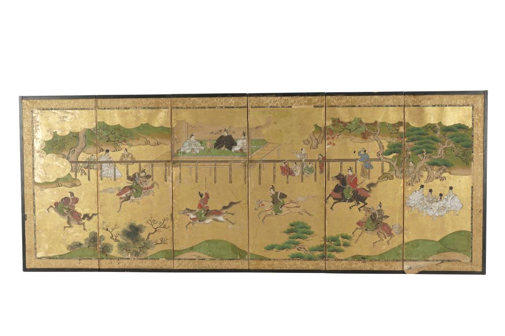 Appraisal: JAPANESE SIX-PANEL SCREENmounted to hang on wall Condition minor loss