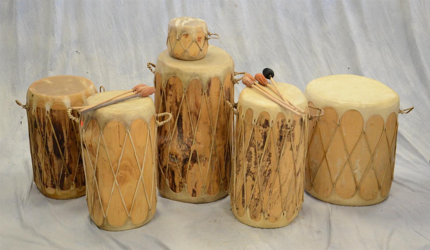 Appraisal: Native American handmade -sided wood skin drums mallets purchased in