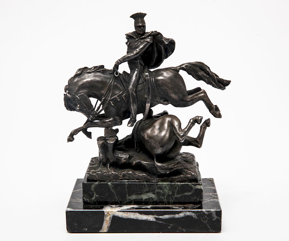 Appraisal: Soldier on Horseback Patinated Metal Sculpture Patinated metal sculpture depicting