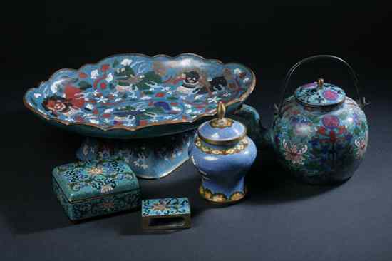 Appraisal: FIVE PIECES CHINESE CLOISONNE ENAMEL th century Tea pot with