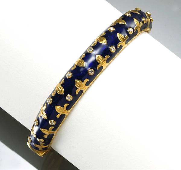 Appraisal: An enamel and diamond bangle bracelet weighing approximately grams mounted