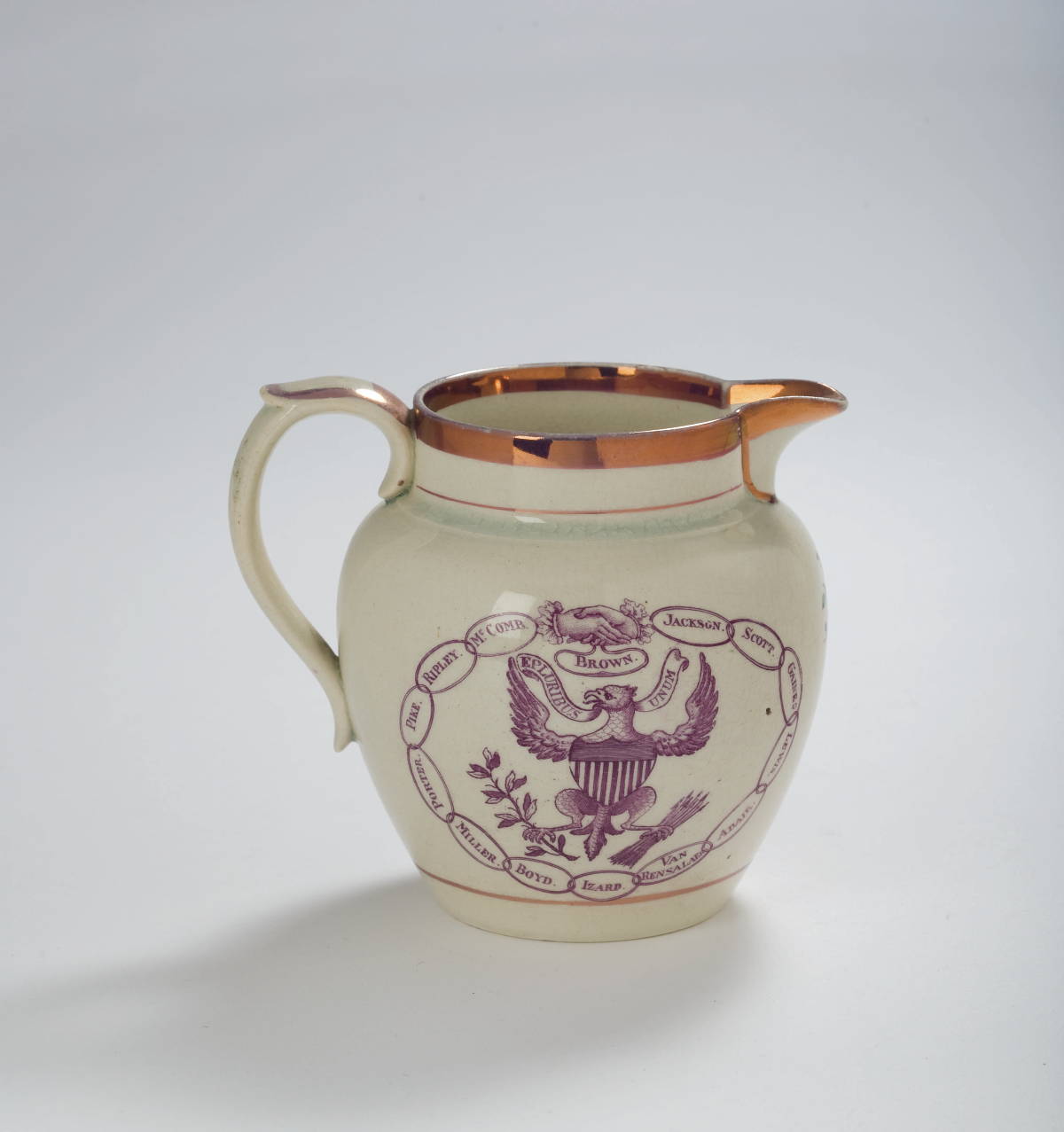 Appraisal: ENGLISH PEARLWARE PINK LUSTRE AND PURPLE TRANSFER-PRINTED JUG CIRCA Printed