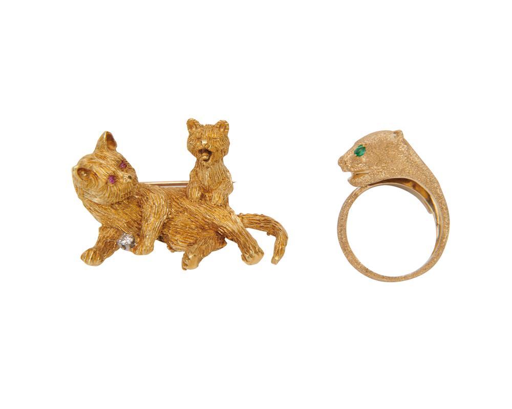 Appraisal: Gold and Gemset Cat Jewelry comprising a k gold diamond