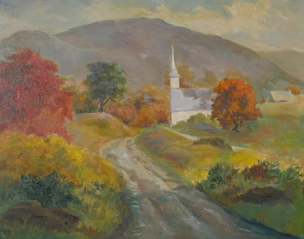 Appraisal: Oil on canvas panel painting of a church in a