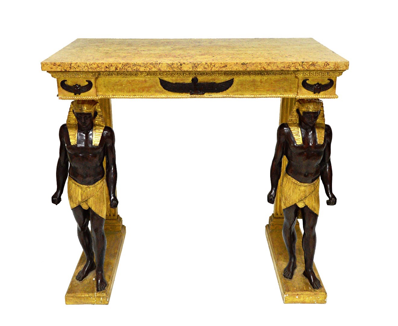 Appraisal: A pair of Empire design console tables each with brocatelle