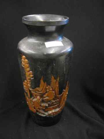 Appraisal: Oriental Carved Wooden Vase intaglio scene '' plaster interior for