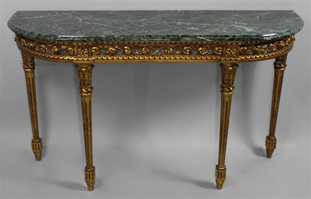 Appraisal: TROUVAILLES INC GILTWOOD CARVED DEMILUNE CONSOLE TABLE WITH GREEN MARBLE