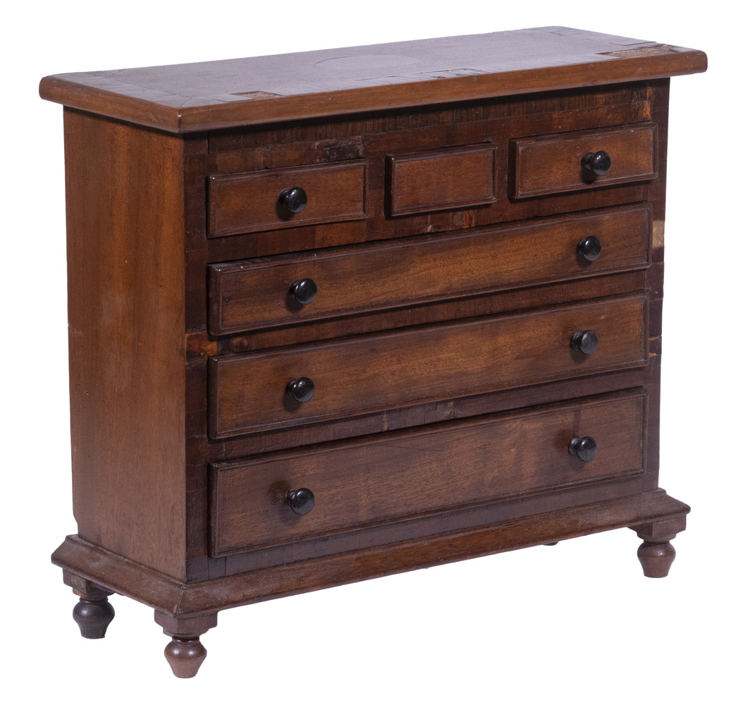 Appraisal: MINIATURE CHEST OF DRAWERS Finely Crafted th c Miniature Mahogany