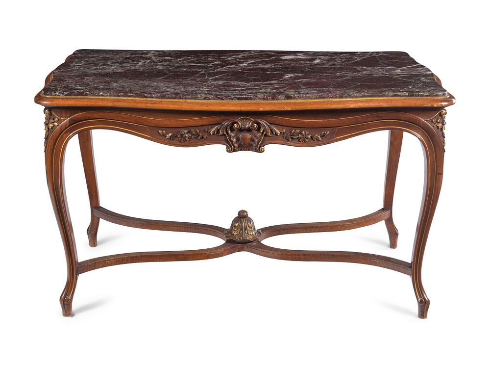 Appraisal: An Italian Louis XV Style Carved Walnut Marble-Inset Serpentine-Top Center