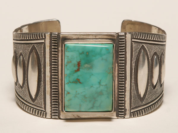 Appraisal: Native American chunky sterling bracelet set with polished turquoise stone