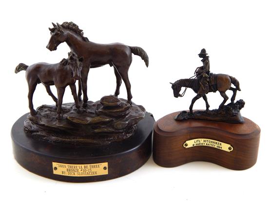 Appraisal: Two petite horse-themed bronze sculptures Harvey Rattey American b Lit'l