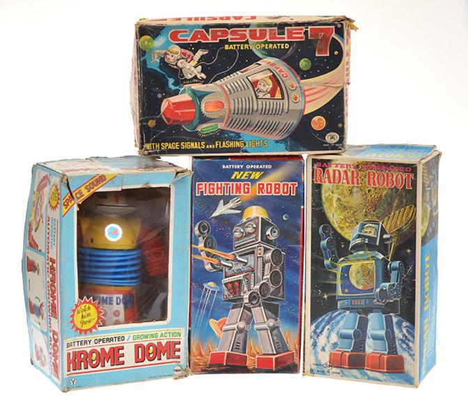 Appraisal: COLLECTION OF FOUR BOXED ROBOTS INCLUDING FIGHTING ROBOT CAPSULE