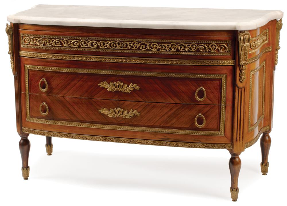 Appraisal: Louis XVI-Style Bronze-Mounted Parquetry Commode shaped marble top three drawers