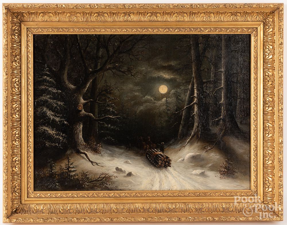 Appraisal: Oil on canvas moonlit snow scene late th c Oil