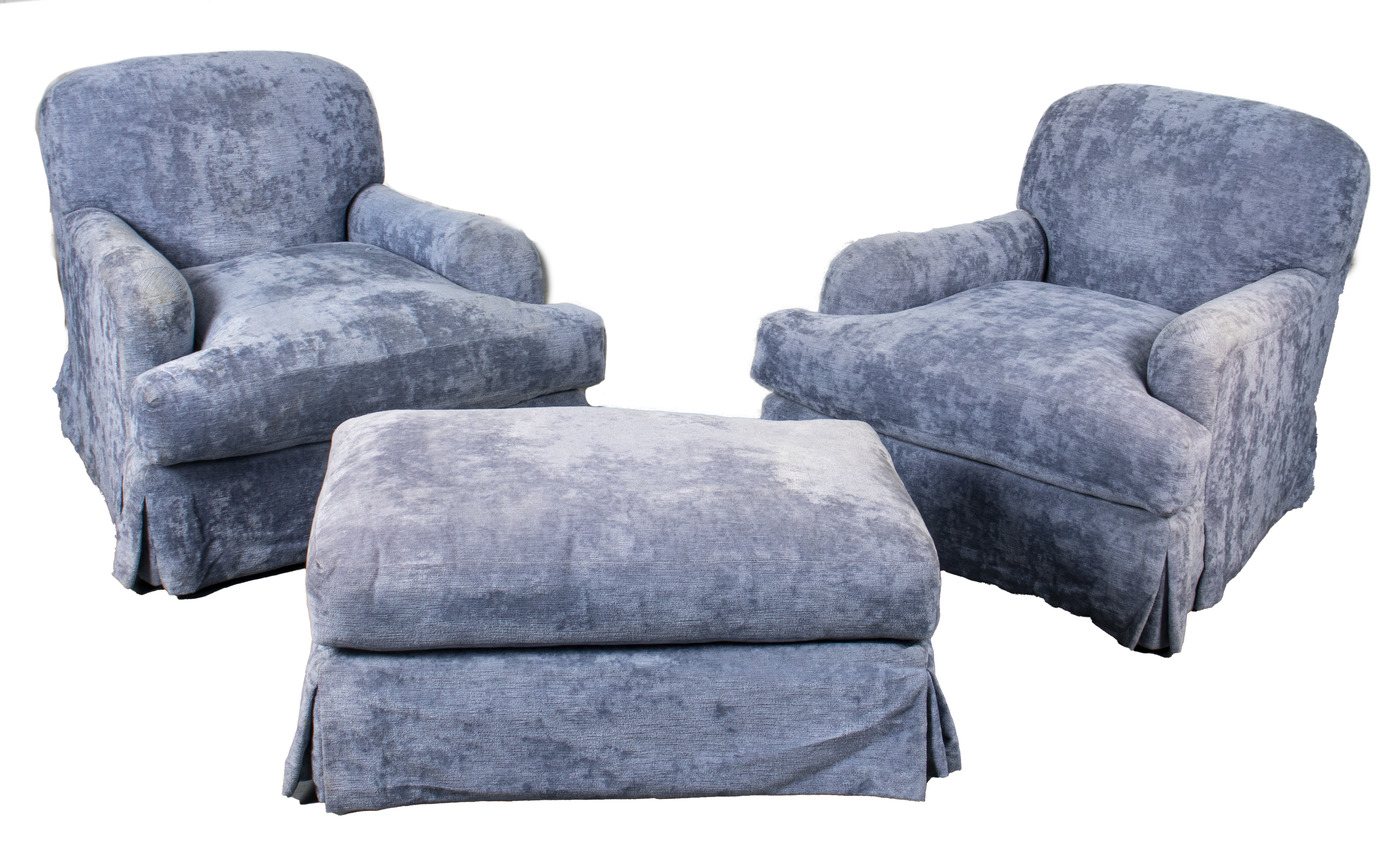 Appraisal: UPHOLSTERED ARMCHAIRS OTTOMAN A matching blue chenille upholstered set of