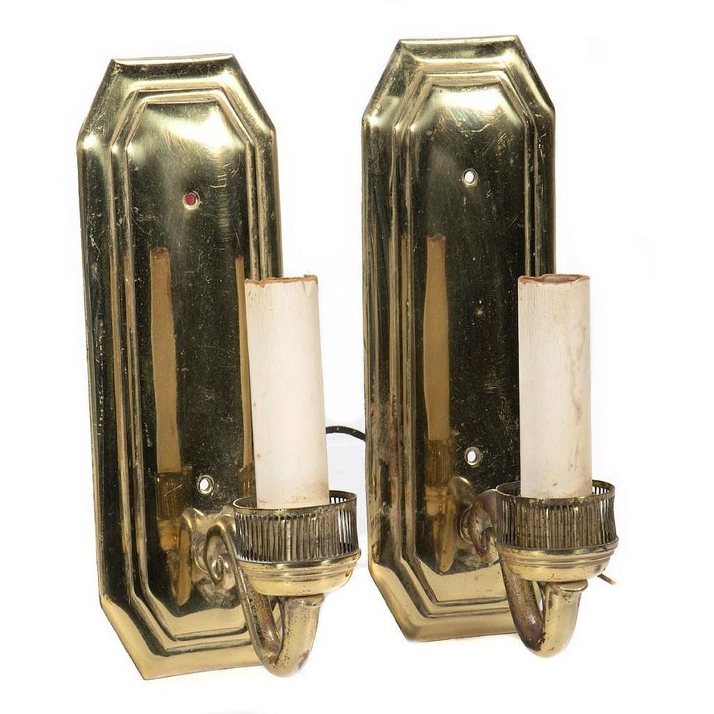 Appraisal: Pair of Neoclassical Brass Sconces The arched candle cups fronting