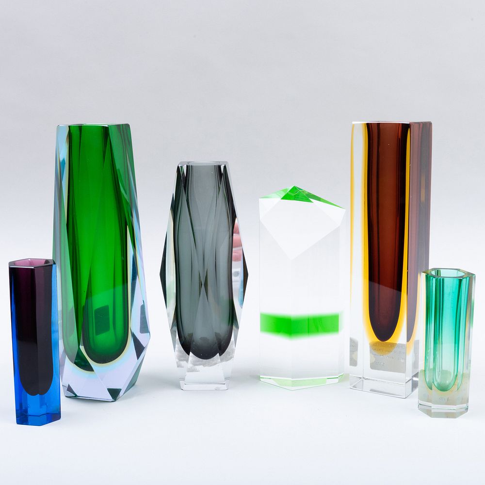 Appraisal: Group of Five Murano Cased Glass Vases and a Prism