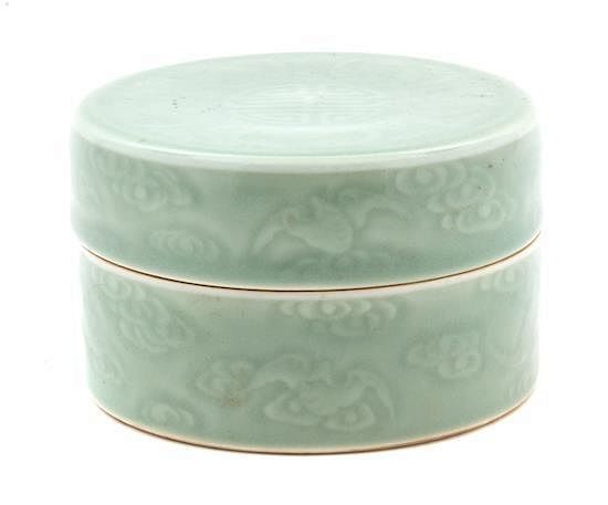 Appraisal: A Molded Celadon Glaze Porcelain Lidded Box Height inches A