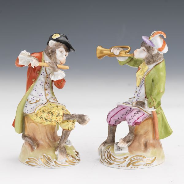 Appraisal: TWO ANTIQUE DRESDEN PORCELAIN MONKEY MUSICIAN FIGURINES Well crafted porcelain