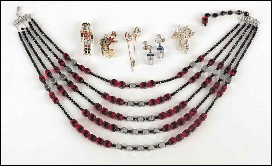 Appraisal: HOBE RED AND BLACK FIVE-STRAND GLASS BEAD NECKLACE Together with