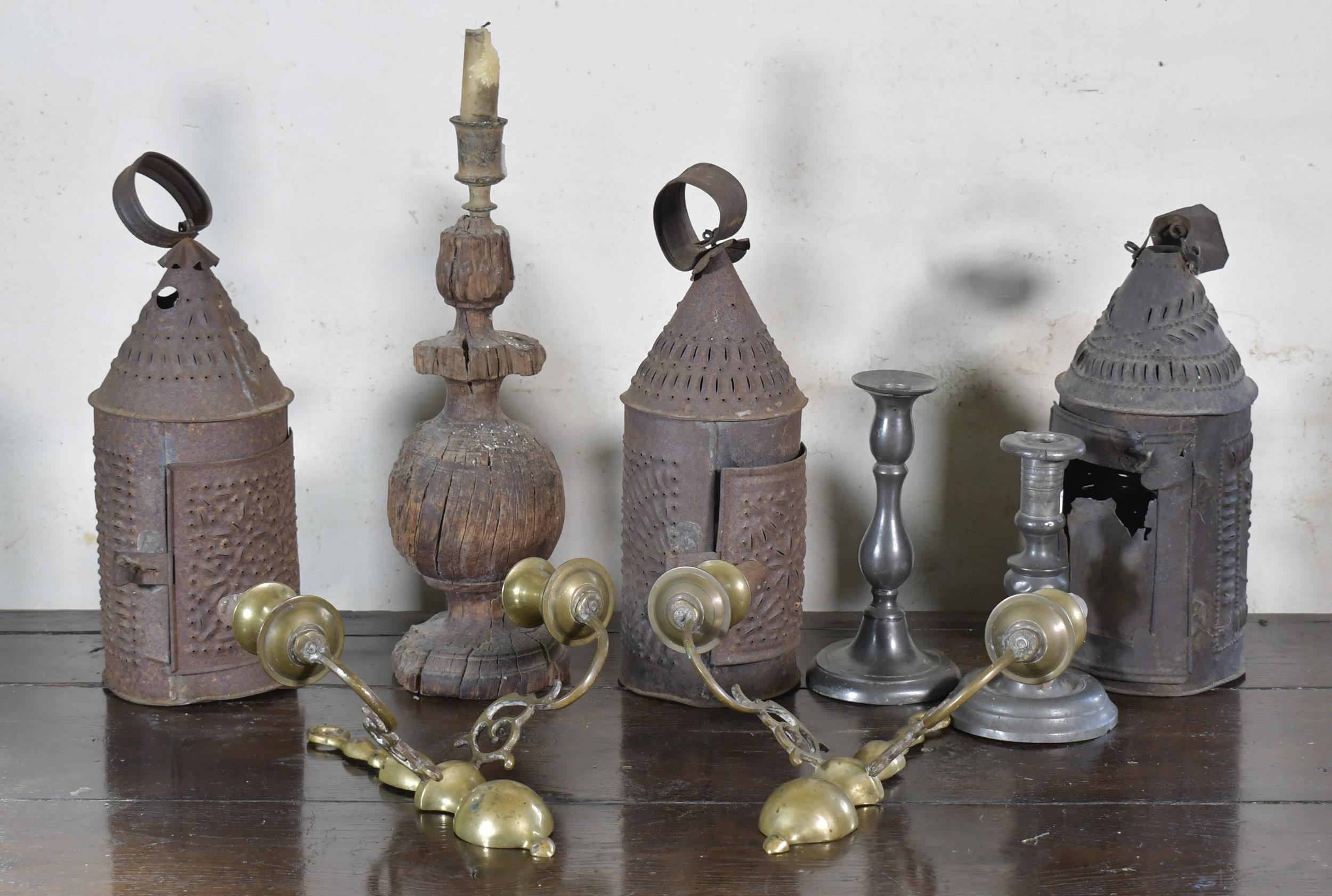 Appraisal: ANTIQUE PRIMITIVE LIGHTING LOT Assembled lot of primitive antique country