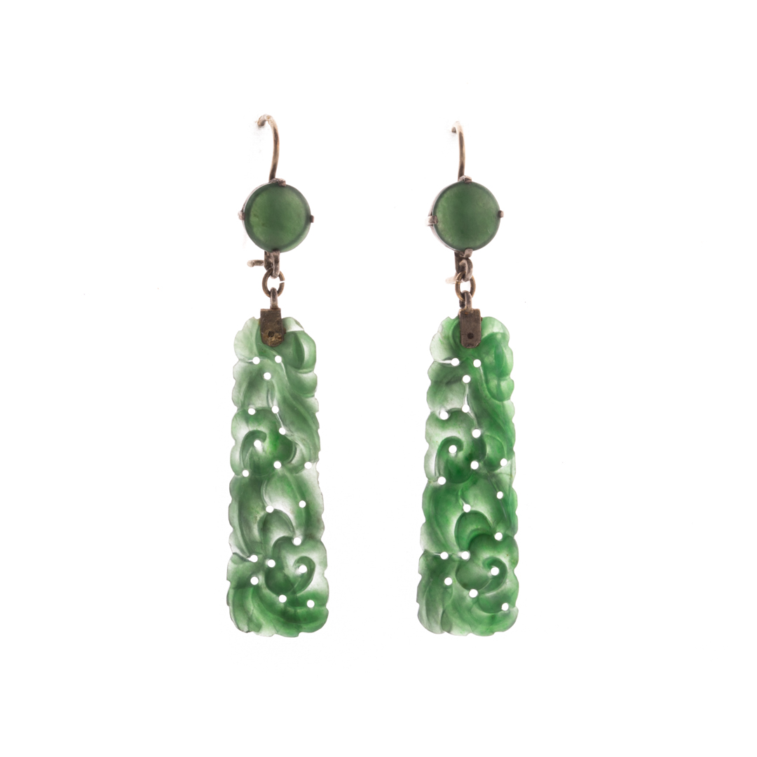 Appraisal: A Fine Pair of Hand Carved Jade Dangle Earrings Gilt