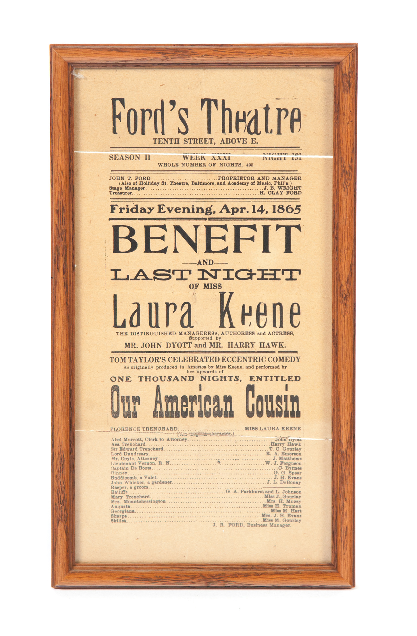 Appraisal: FORD'S THEATRE FRAMED ADVERTISING FOR OUR AMERICAN COUSIN FRIDAY EVENING