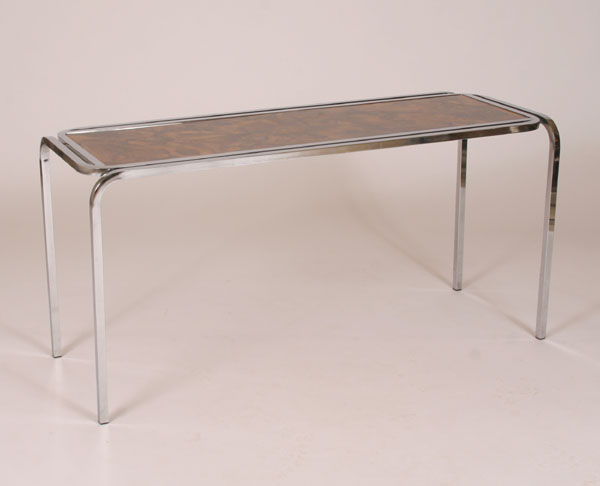 Appraisal: Modern vintage s chrome and woodgrain console table burled surface