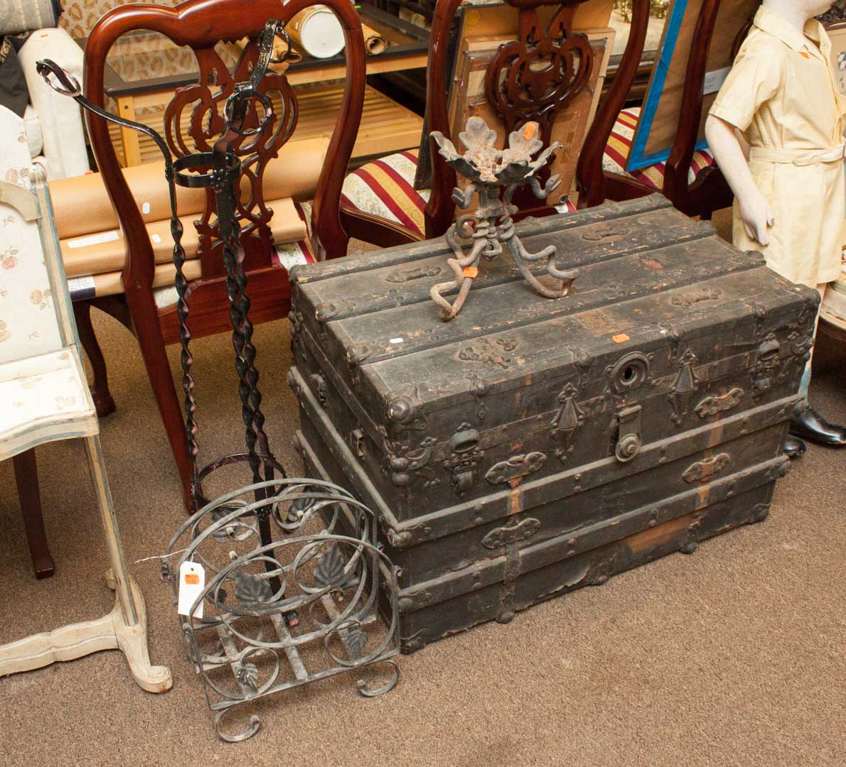 Appraisal: Four assorted items including wrought iron plant stand magazine rack