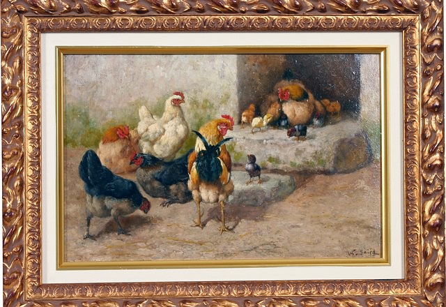 Appraisal: Pair of chicken feeding scenes oil on masonite both x