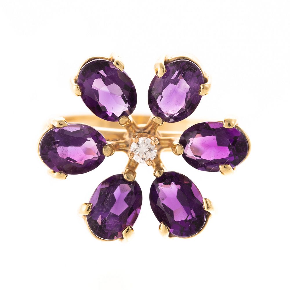 Appraisal: An Amethyst Diamond Floral Ring K K yellow gold ring