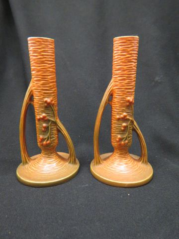 Appraisal: Roseville Pottery Bushberry Candlesticks brown pair - excellent