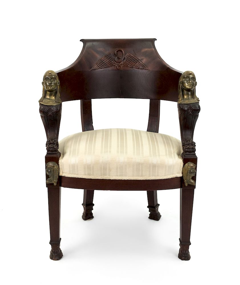 Appraisal: An Egyptian Revival Bronze-Mounted Mahogany Armchair An Egyptian Revival Bronze-Mounted