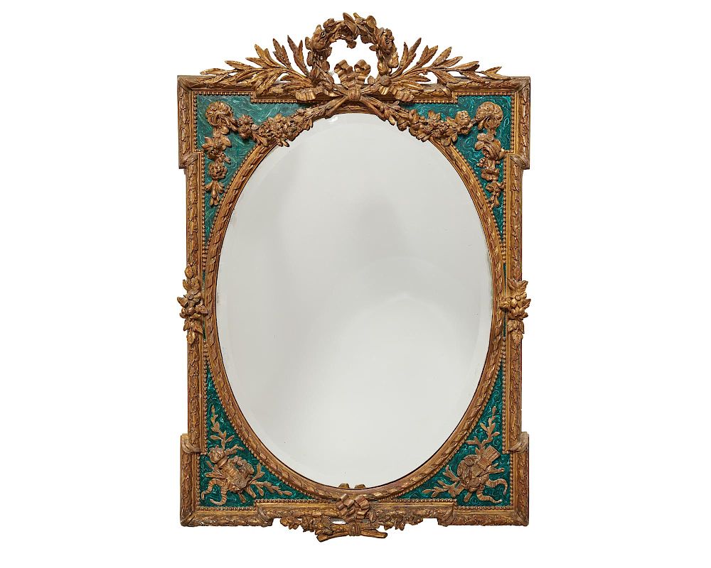 Appraisal: Continental Carved Giltwood and Faux Malachite Bevelled Glass Wall Mirror