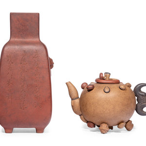 Appraisal: Two Yixing Zisha Pottery Wares the first a squared bottle